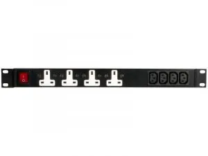 19 Inch 1U Horizontal 4x UK 13A & 4x C13 10A Rack Mount Illuminated Main Switch 16A Plug PDU PDU Online